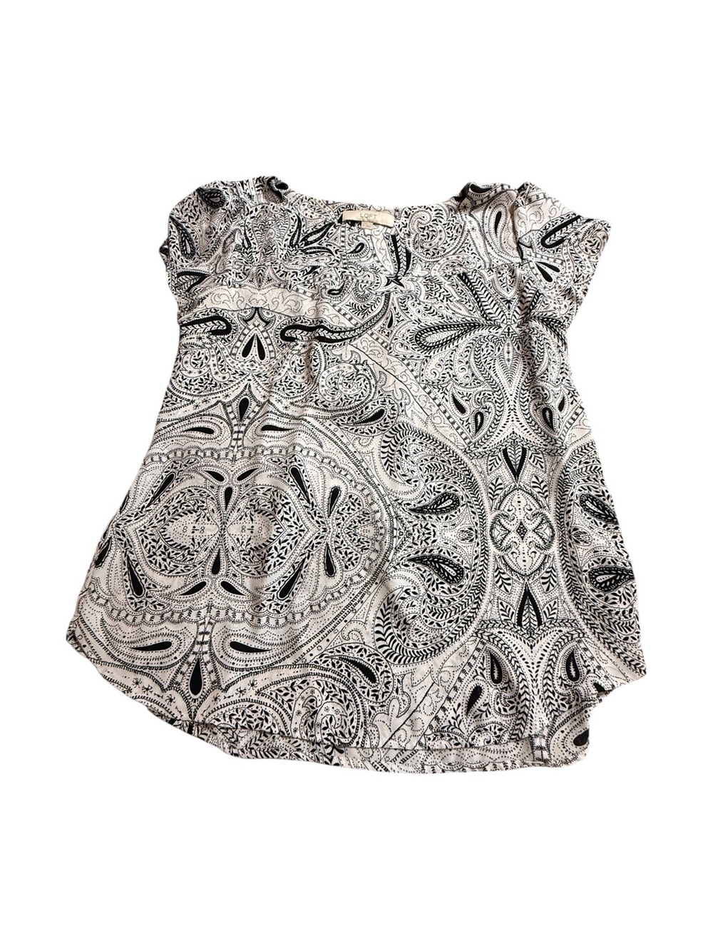 LOFT Black White Paisley Short Sleeve Blouse Top M